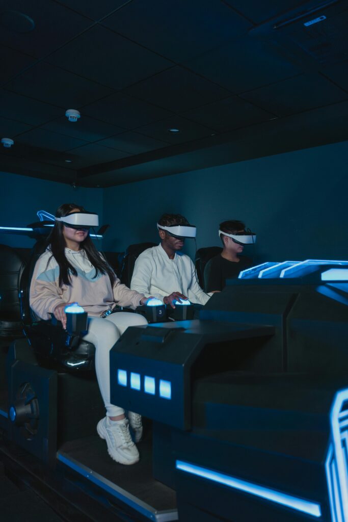 Group of friends enjoying a virtual reality gaming adventure indoors.